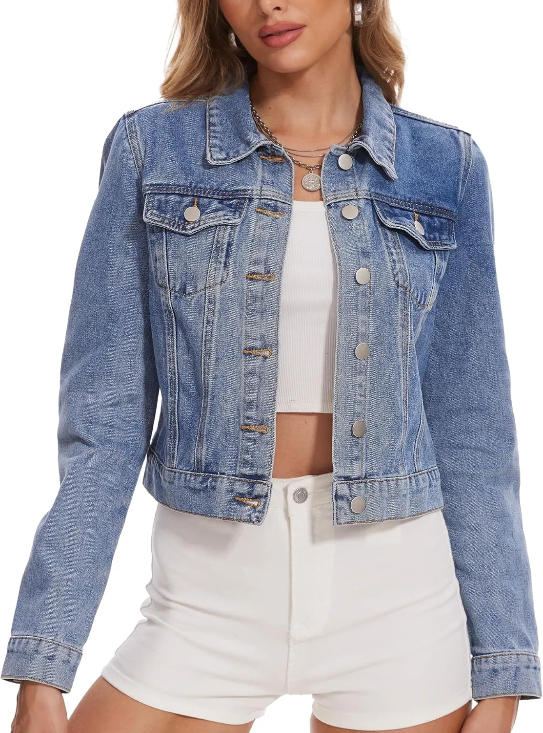 andy & natalie Women's Denim Jackets Cropped Long Sleeve Basic Button Down Crop Jean Shacket with Pockets