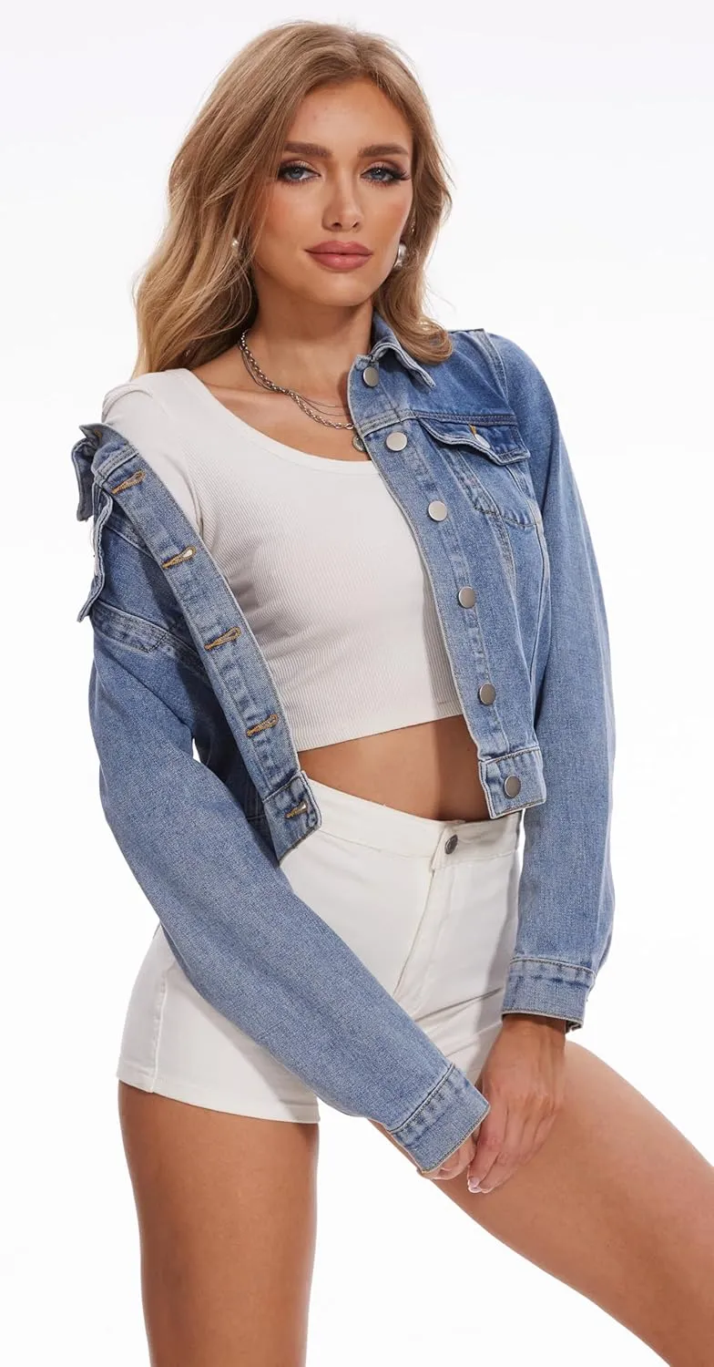andy & natalie Women's Denim Jackets Cropped Long Sleeve Basic Button Down Crop Jean Shacket with Pockets