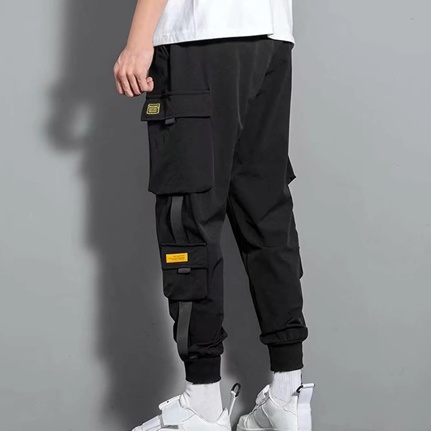 Aymnlox Cargo Pants for Men Lightweight Slim Fit Solid Color Tapered Sweatpants Drawstring Elastic Waist Trouser with Pockets