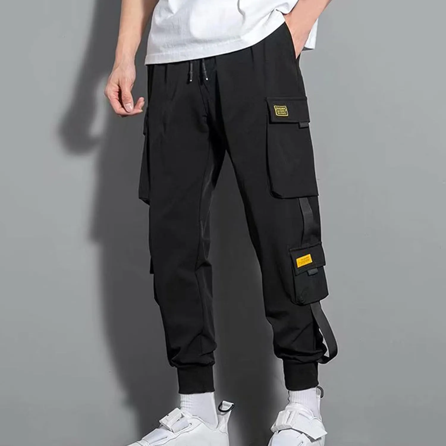 Aymnlox Cargo Pants for Men Lightweight Slim Fit Solid Color Tapered Sweatpants Drawstring Elastic Waist Trouser with Pockets
