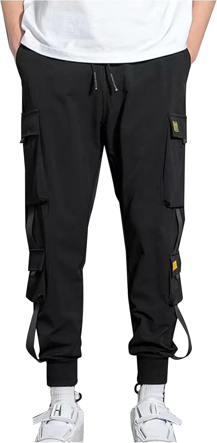 Aymnlox Cargo Pants for Men Lightweight Slim Fit Solid Color Tapered Sweatpants Drawstring Elastic Waist Trouser with Pockets