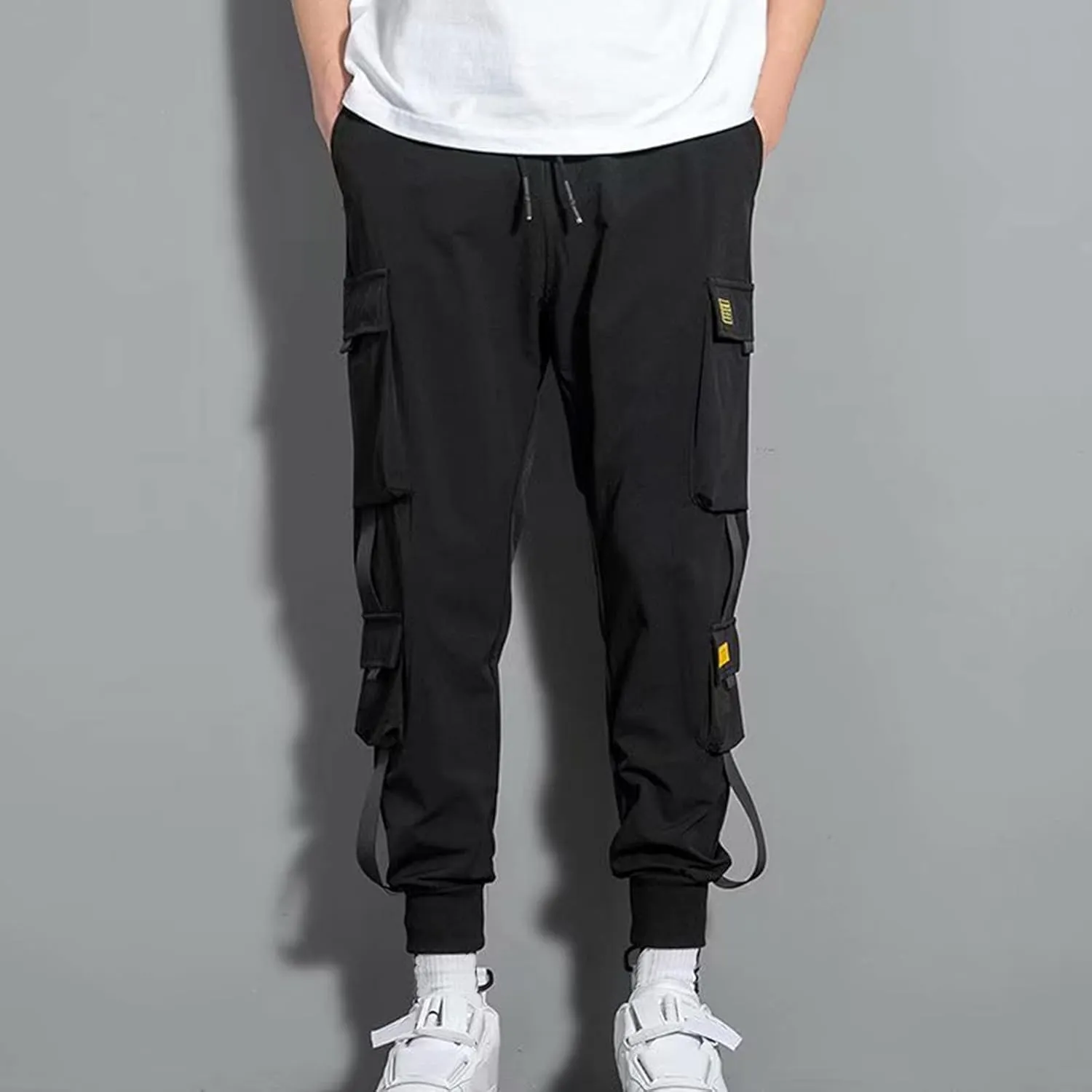 Aymnlox Cargo Pants for Men Lightweight Slim Fit Solid Color Tapered Sweatpants Drawstring Elastic Waist Trouser with Pockets