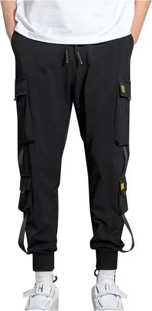 Aymnlox Cargo Pants for Men Lightweight Slim Fit Solid Color Tapered Sweatpants Drawstring Elastic Waist Trouser with Pockets