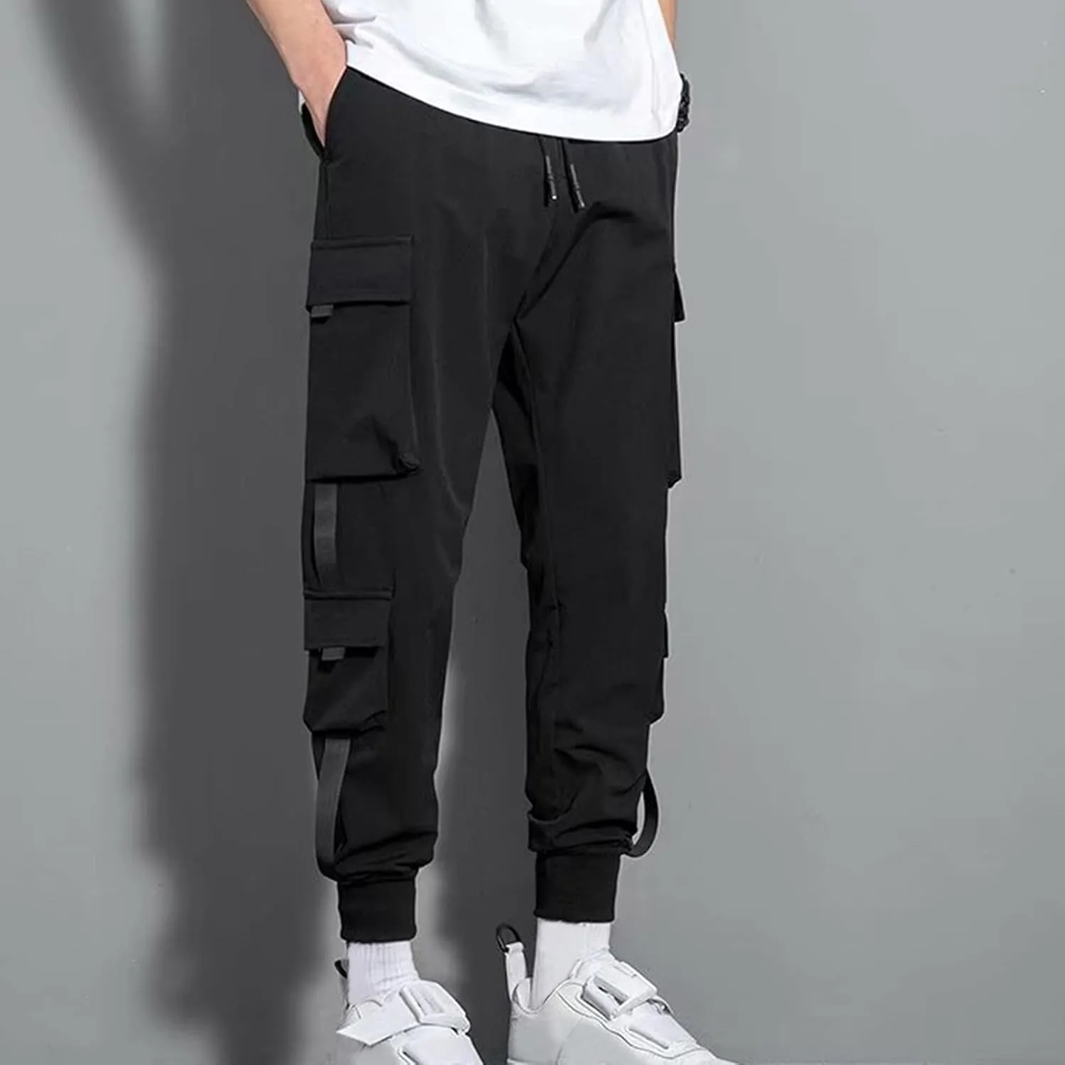 Aymnlox Cargo Pants for Men Lightweight Slim Fit Solid Color Tapered Sweatpants Drawstring Elastic Waist Trouser with Pockets