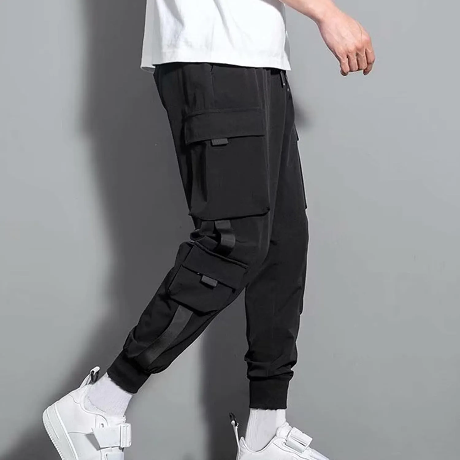 Aymnlox Cargo Pants for Men Lightweight Slim Fit Solid Color Tapered Sweatpants Drawstring Elastic Waist Trouser with Pockets
