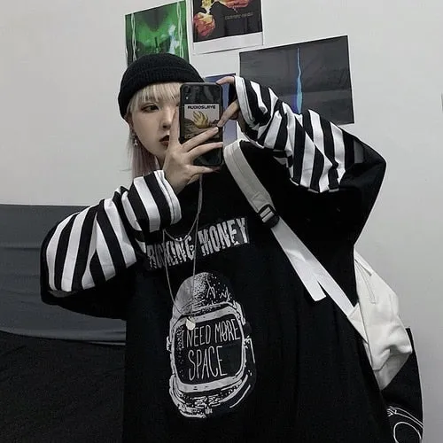 Casual Letter Print O-neck Stripe Tees Creativity Loose T-shirts