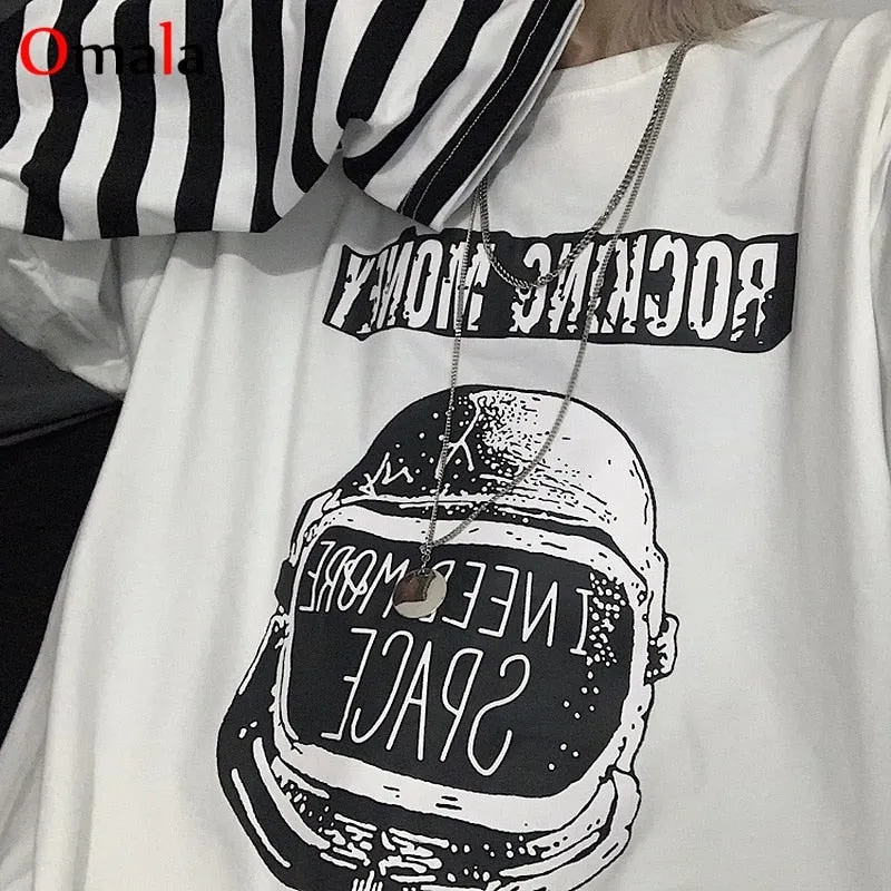 Casual Letter Print O-neck Stripe Tees Creativity Loose T-shirts