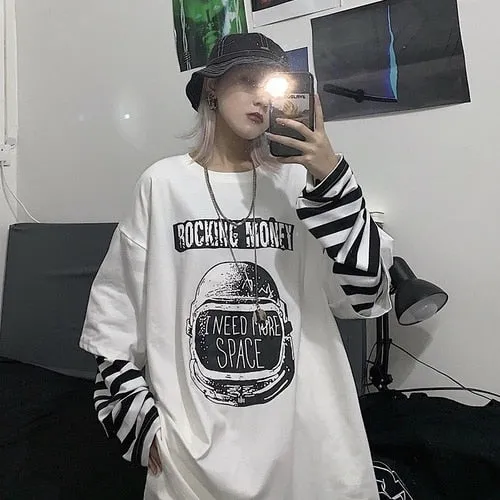 Casual Letter Print O-neck Stripe Tees Creativity Loose T-shirts