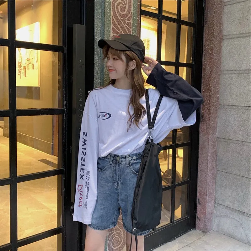Casual Letter Print O-neck Stripe Tees Creativity Loose T-shirts