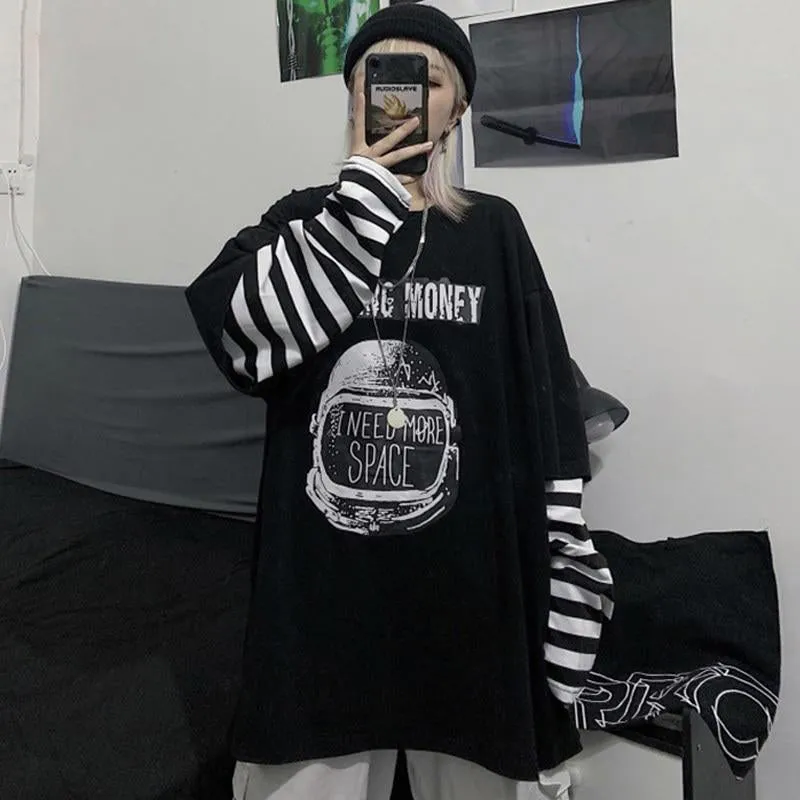 Casual Letter Print O-neck Stripe Tees Creativity Loose T-shirts