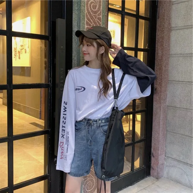 Casual Letter Print O-neck Stripe Tees Creativity Loose T-shirts