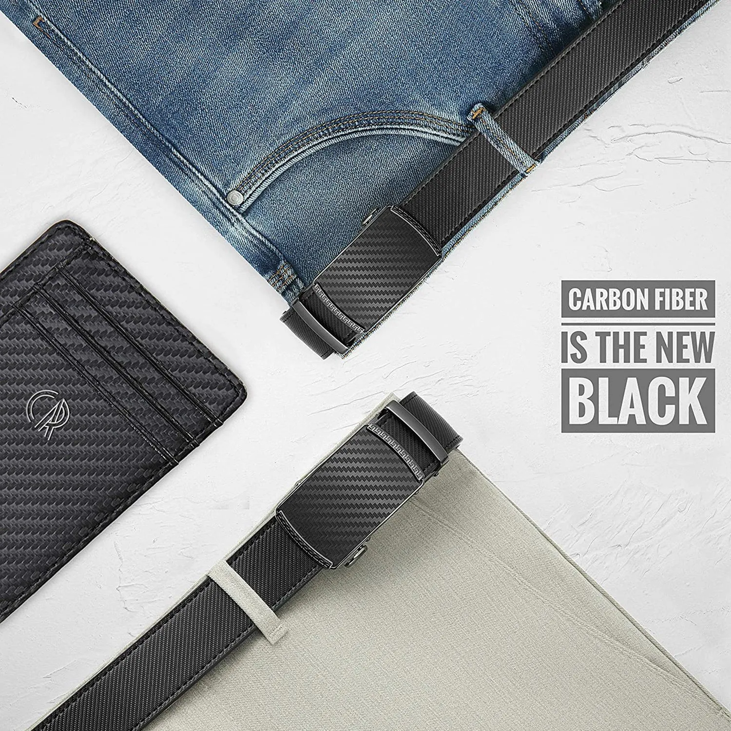 Chaoren Leather Ratchet Dress  Belt | with Automatic Slide | B- Black Twill Weave W Genuine Leather