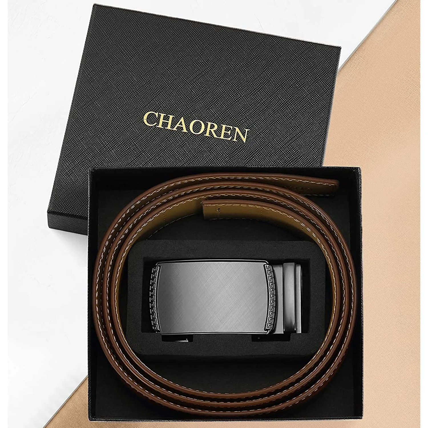 Chaoren Leather Ratchet Dress  Belt | with Automatic Slide | B- Charcoal Depiction Buckle - Cognac