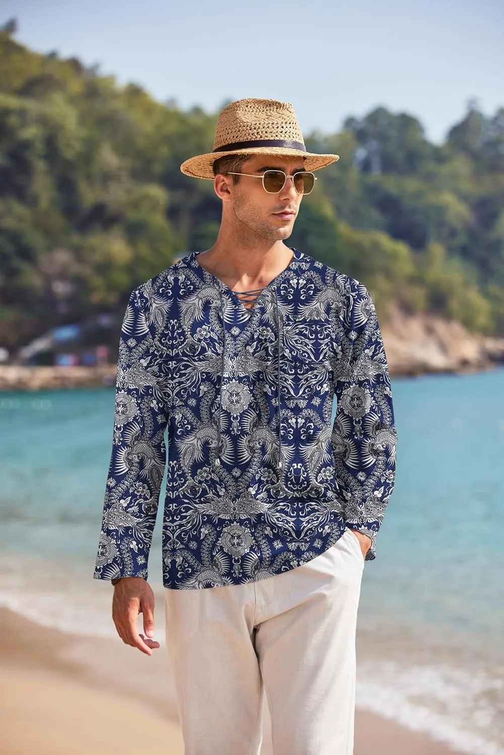 COOFANDY Mens Linen Beach Tee Shirts Cotton Hippie Shirts V Neck Long Sleeve Tunic Big and Tall Yoga Shirt