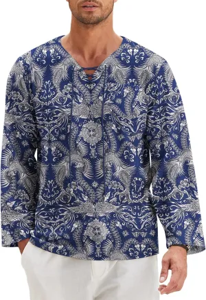 COOFANDY Mens Linen Beach Tee Shirts Cotton Hippie Shirts V Neck Long Sleeve Tunic Big and Tall Yoga Shirt