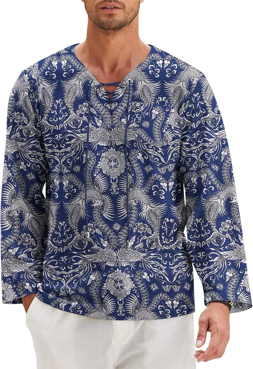 COOFANDY Mens Linen Beach Tee Shirts Cotton Hippie Shirts V Neck Long Sleeve Tunic Big and Tall Yoga Shirt