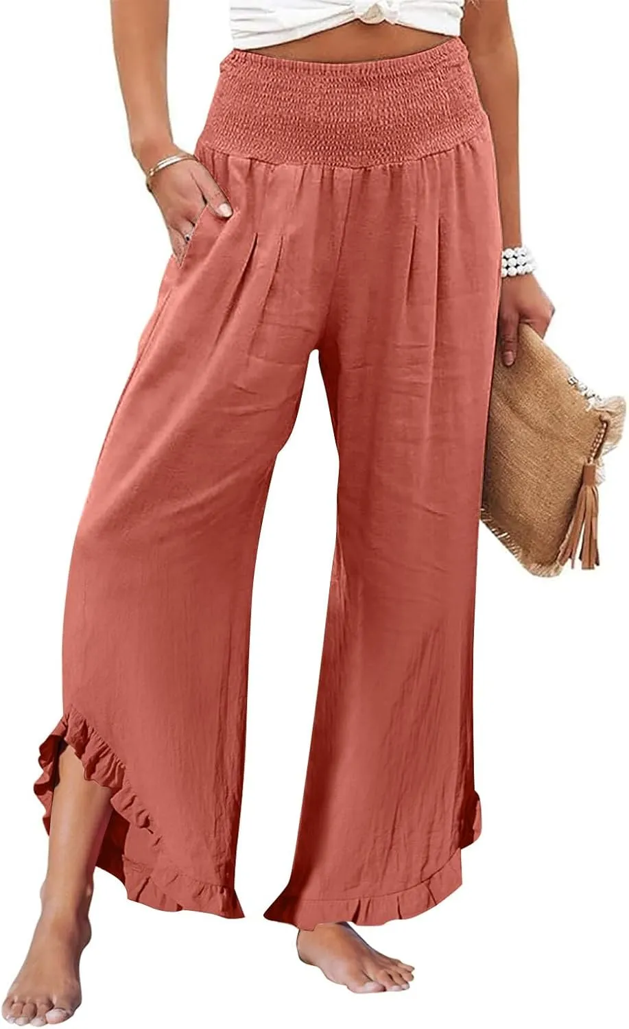 Cotton Linen Pants Women Casual Summer Pleated Elastic Waist Palazzo Pants Wide Leg Ruffle Boho Flowy Beach Trousers
