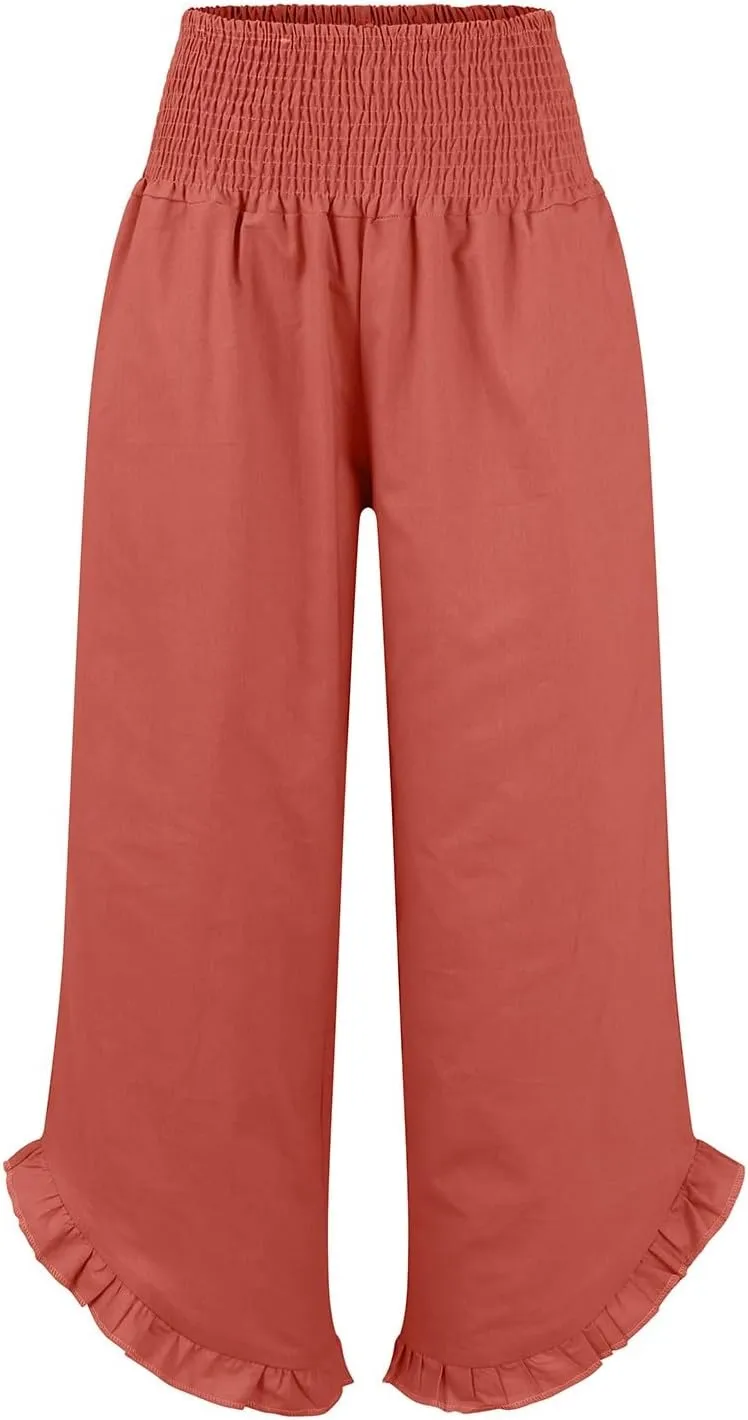 Cotton Linen Pants Women Casual Summer Pleated Elastic Waist Palazzo Pants Wide Leg Ruffle Boho Flowy Beach Trousers