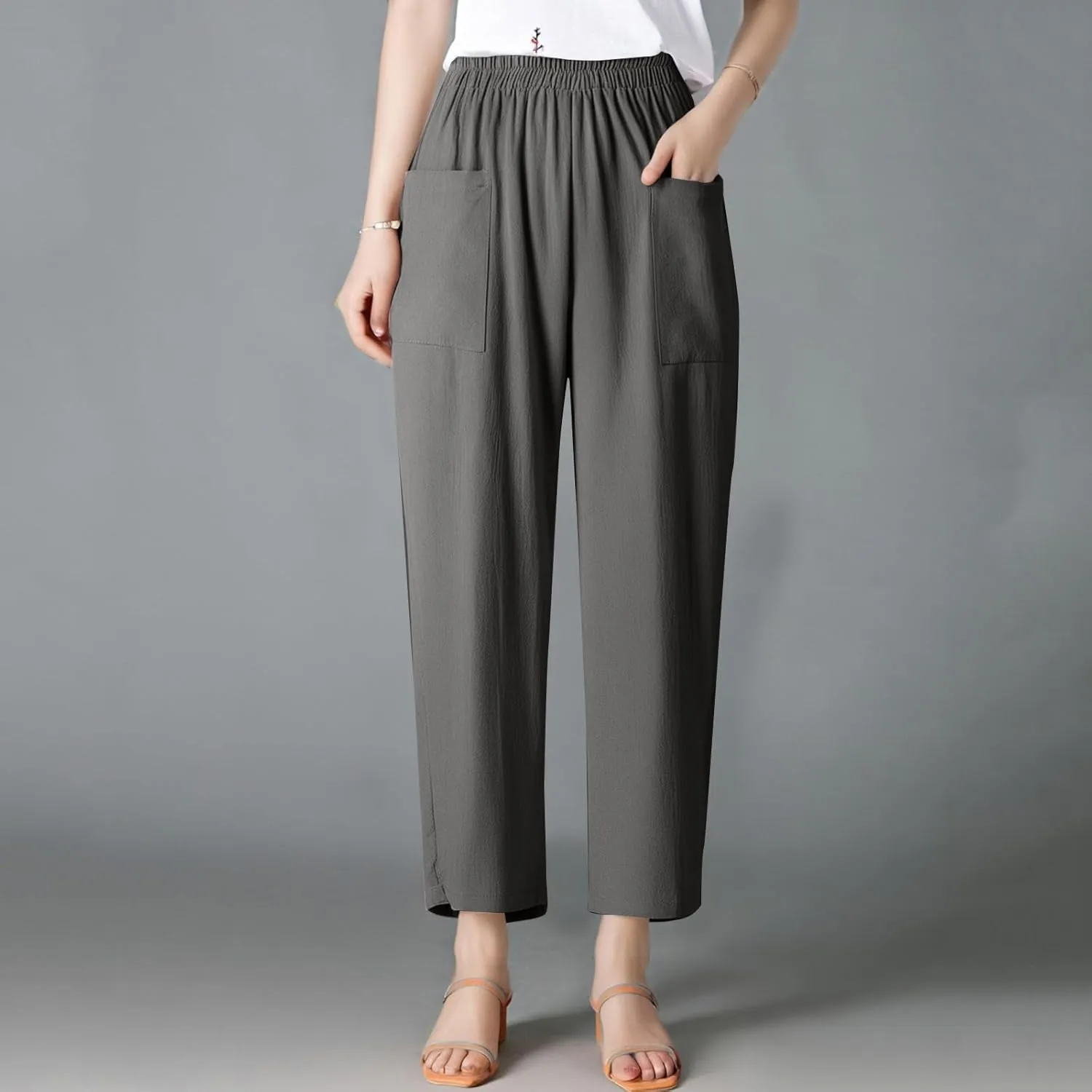 fanmpghleoo Linen Pants Women Casual Elastic Waist Wide Leg Linen Pants for Women Baggy Lightweight Lounge Pants with Pockets