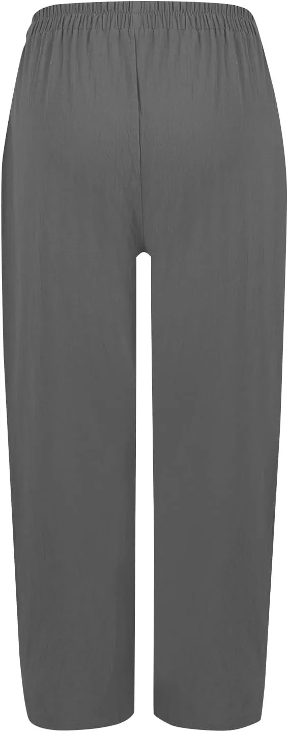 fanmpghleoo Linen Pants Women Casual Elastic Waist Wide Leg Linen Pants for Women Baggy Lightweight Lounge Pants with Pockets