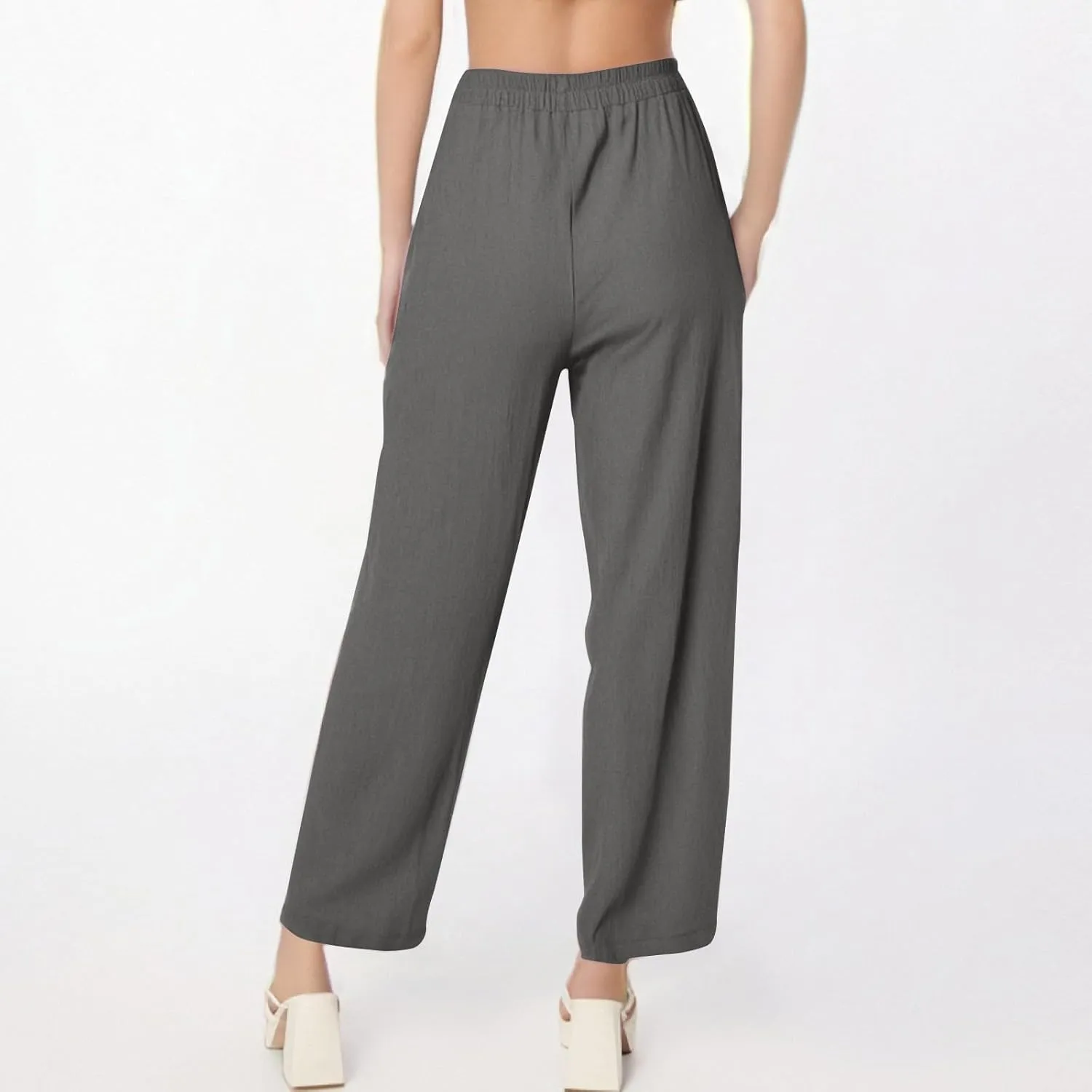 fanmpghleoo Linen Pants Women Casual Elastic Waist Wide Leg Linen Pants for Women Baggy Lightweight Lounge Pants with Pockets