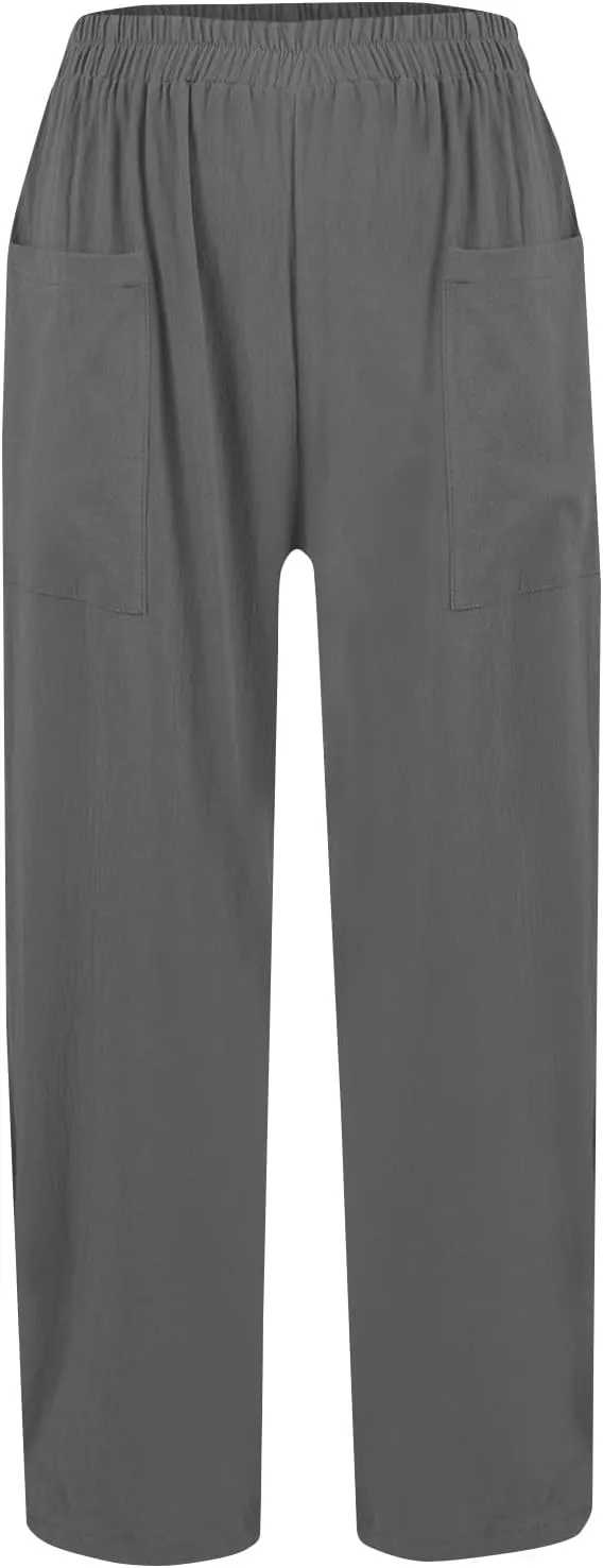 fanmpghleoo Linen Pants Women Casual Elastic Waist Wide Leg Linen Pants for Women Baggy Lightweight Lounge Pants with Pockets