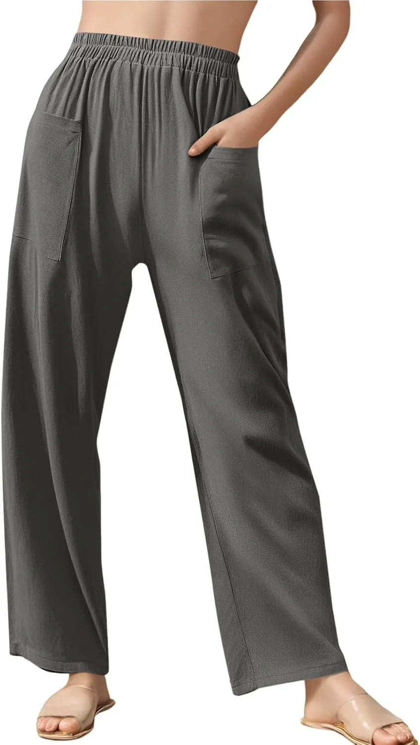 fanmpghleoo Linen Pants Women Casual Elastic Waist Wide Leg Linen Pants for Women Baggy Lightweight Lounge Pants with Pockets