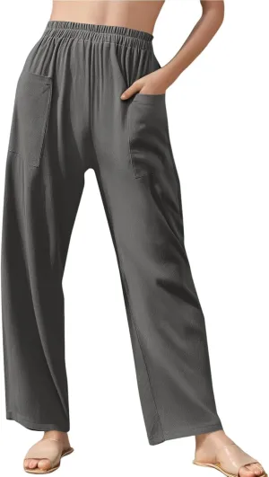 fanmpghleoo Linen Pants Women Casual Elastic Waist Wide Leg Linen Pants for Women Baggy Lightweight Lounge Pants with Pockets