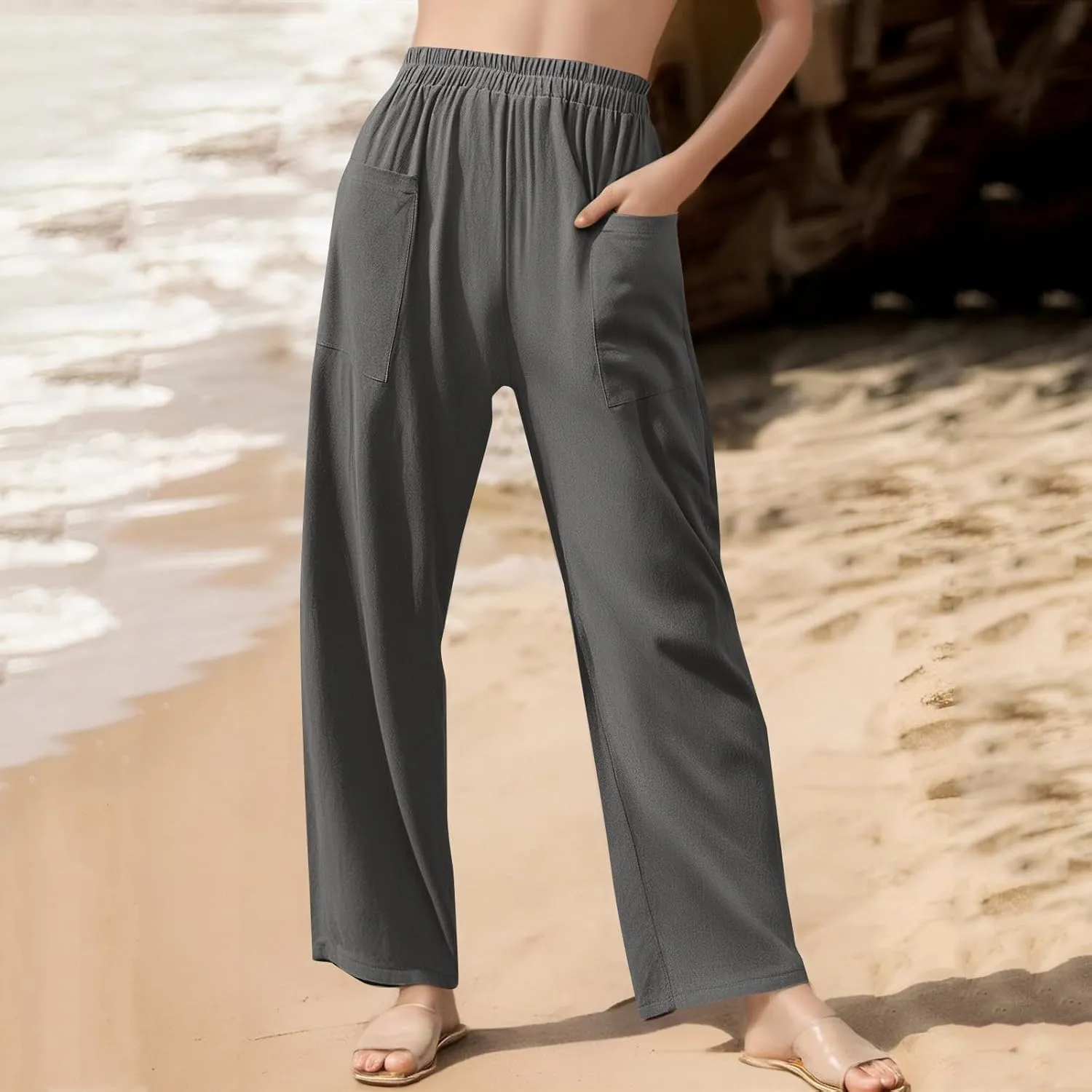 fanmpghleoo Linen Pants Women Casual Elastic Waist Wide Leg Linen Pants for Women Baggy Lightweight Lounge Pants with Pockets