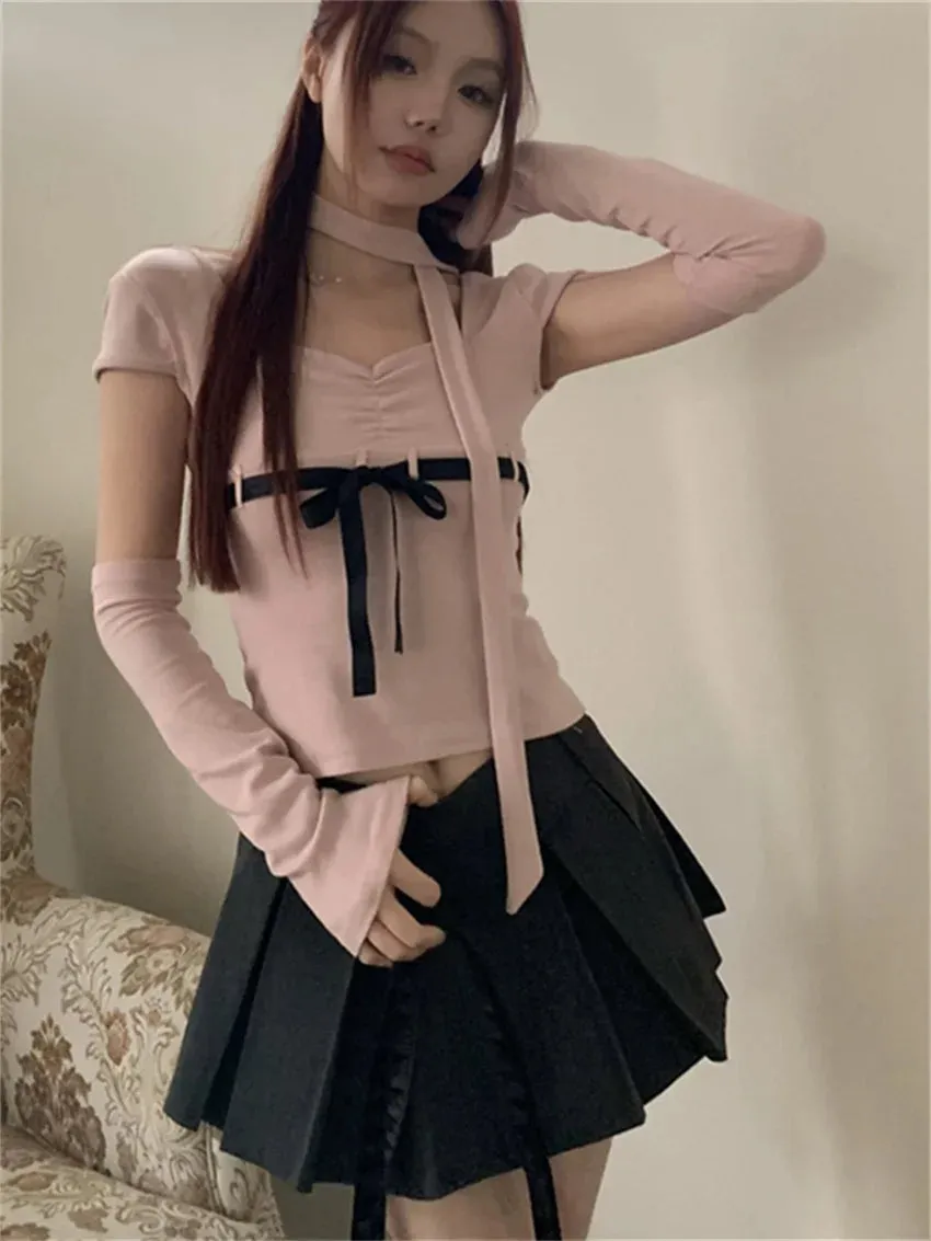 Girlary Hot Girls Slim Bow Pink Tees Women Chic Short Sleeve Summer Office Lady Square Collar Sweet Fashion New T-Shirts