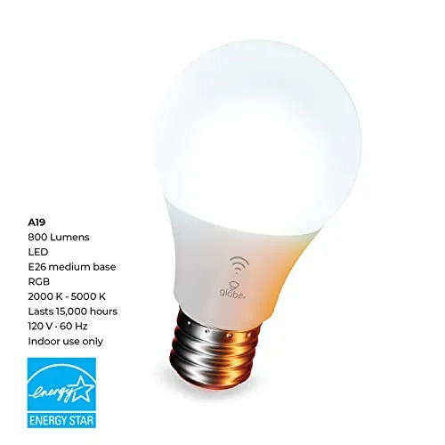 GLOBE Electric 50589 Color-Changing A19 LED Smart Light Bulb, 2.4 GHz Wi-Fi, 60W Equivalent 800LM, Works with Alexa Only, 1-Pack