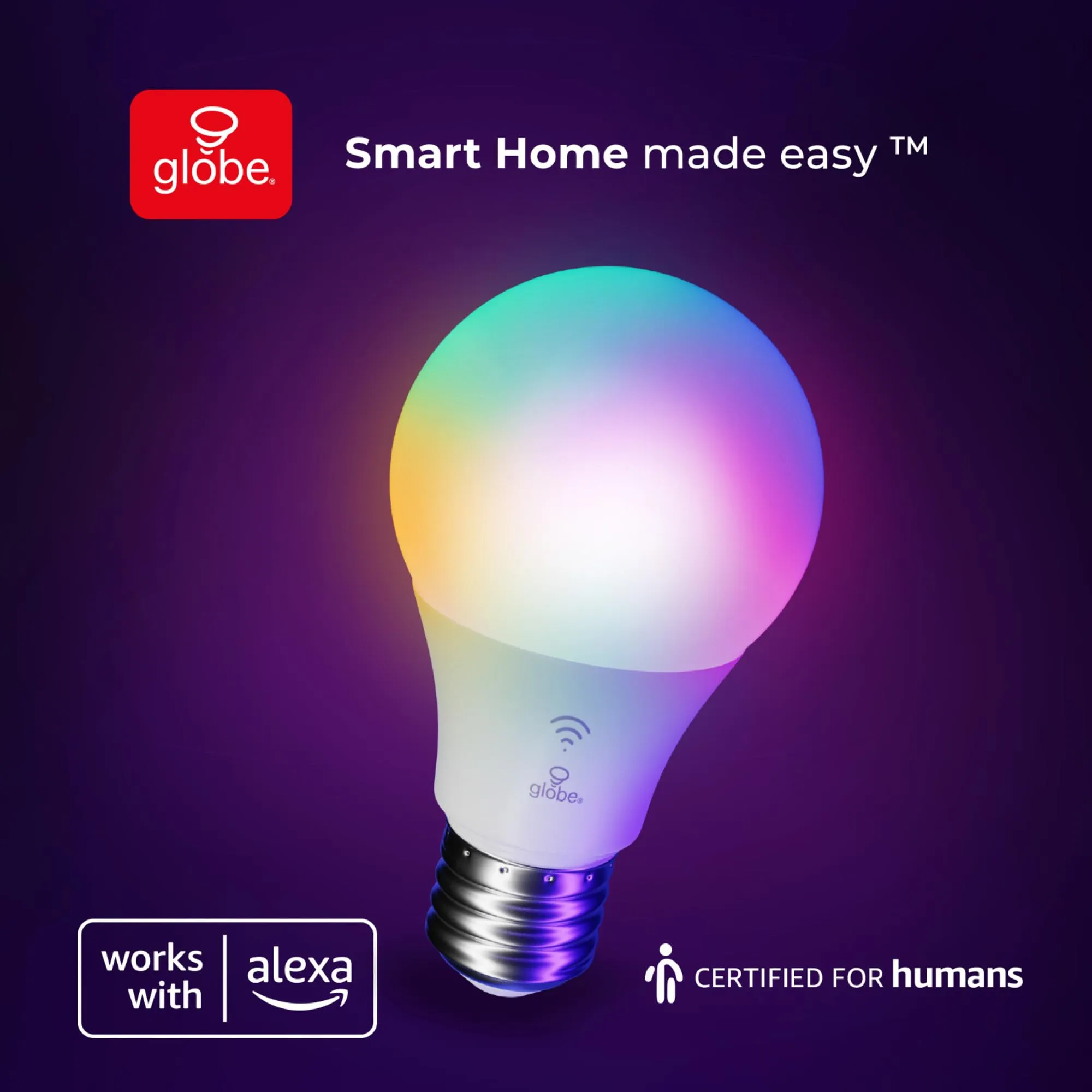 GLOBE Electric 50589 Color-Changing A19 LED Smart Light Bulb, 2.4 GHz Wi-Fi, 60W Equivalent 800LM, Works with Alexa Only, 1-Pack