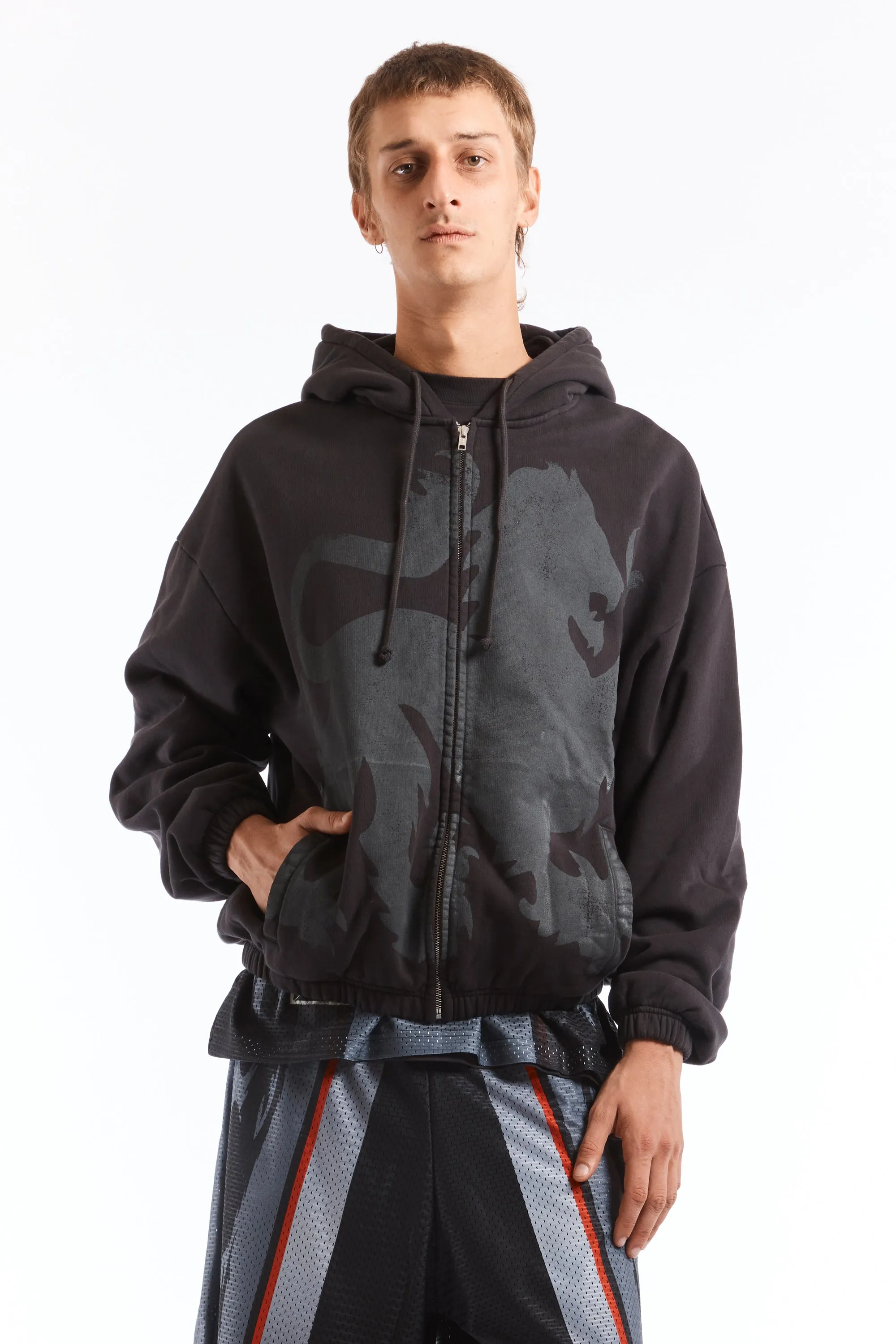 Heraldic Zip Up Hoodie Washed Black