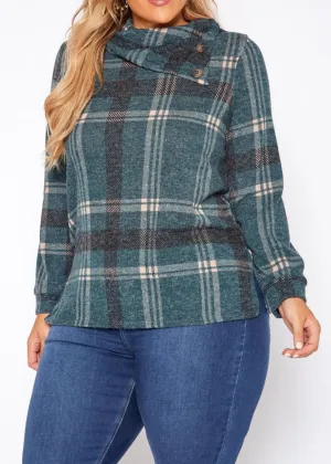 HI Curvy Plus Size Plaid Print Asymmetric Neck Long Sleeves Sweater