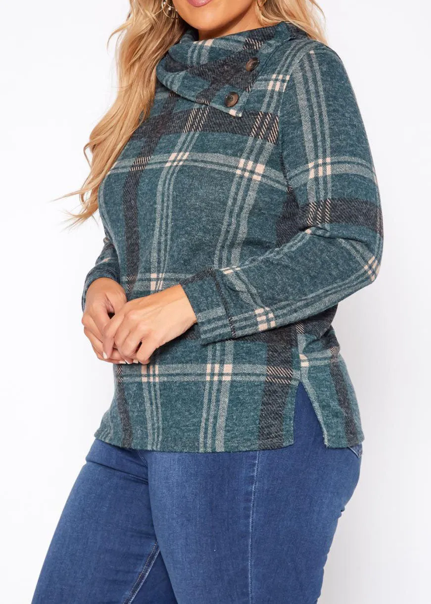 HI Curvy Plus Size Plaid Print Asymmetric Neck Long Sleeves Sweater