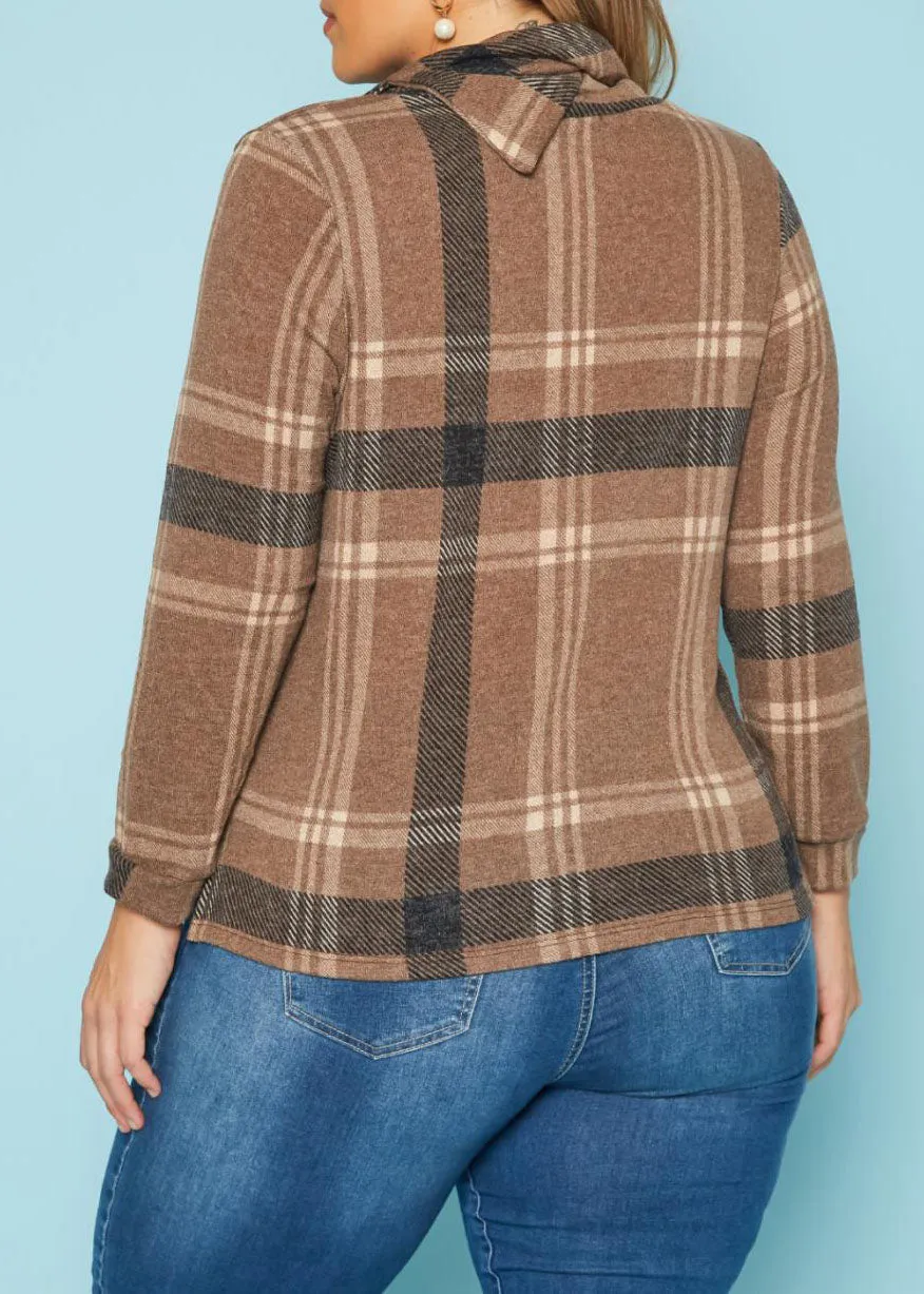 HI Curvy Plus Size Plaid Print Asymmetric Neck Long Sleeves Sweater