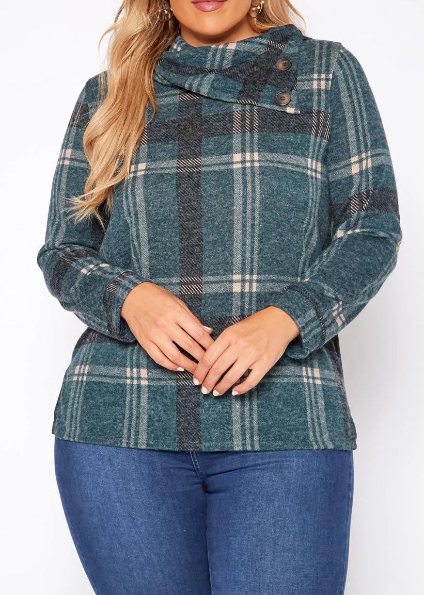HI Curvy Plus Size Plaid Print Asymmetric Neck Long Sleeves Sweater