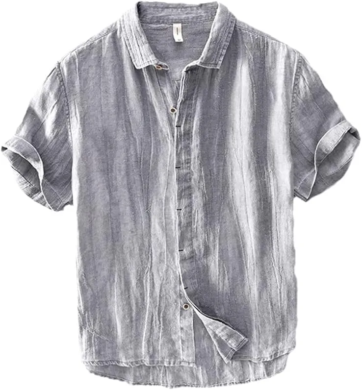 KEHAIOO Summer Men's Casual Linen Shirt, Short Sleeve Breathable Shirts for Men, Mens Solid White Shirt