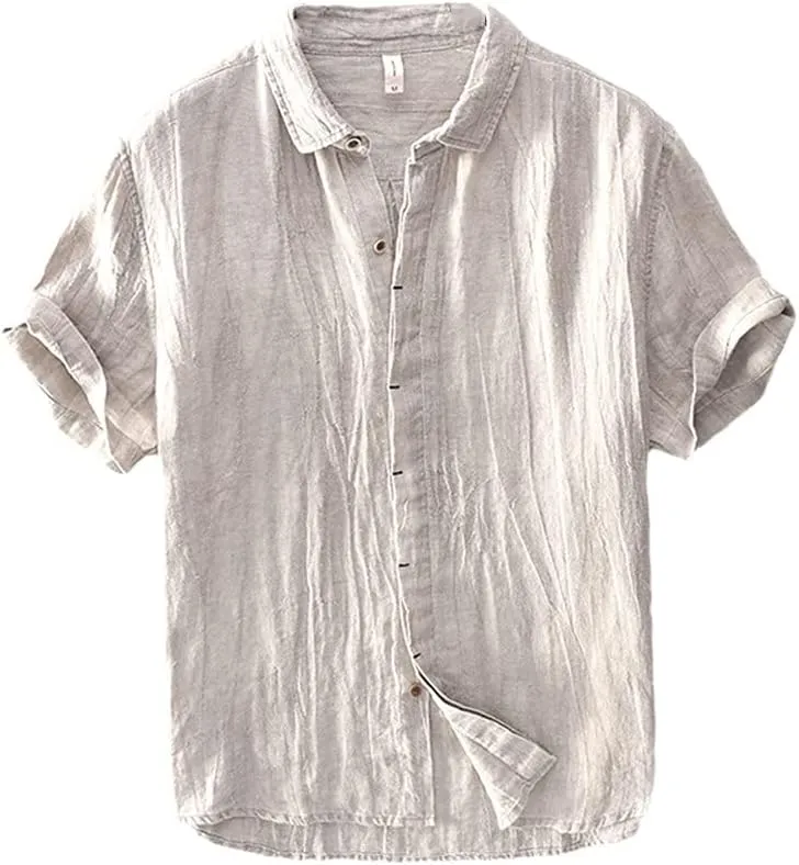 KEHAIOO Summer Men's Casual Linen Shirt, Short Sleeve Breathable Shirts for Men, Mens Solid White Shirt