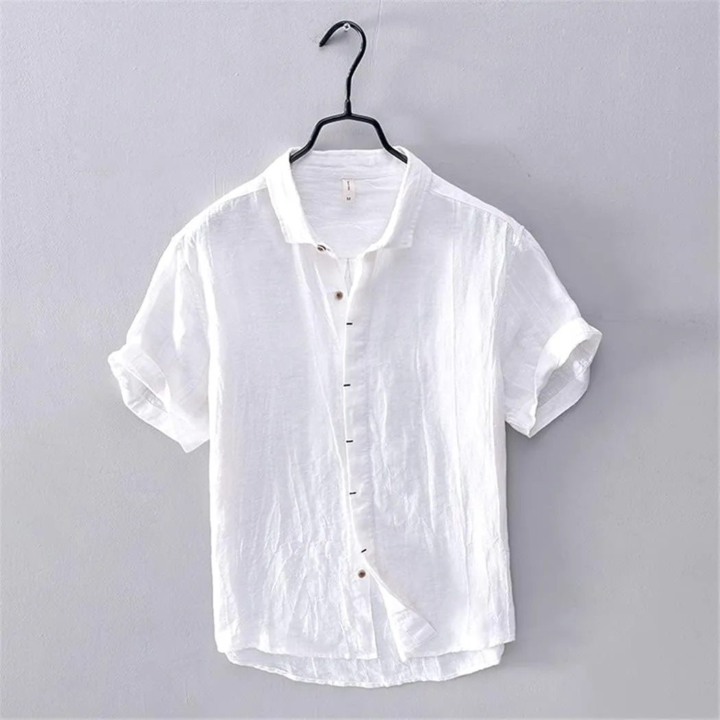 KEHAIOO Summer Men's Casual Linen Shirt, Short Sleeve Breathable Shirts for Men, Mens Solid White Shirt