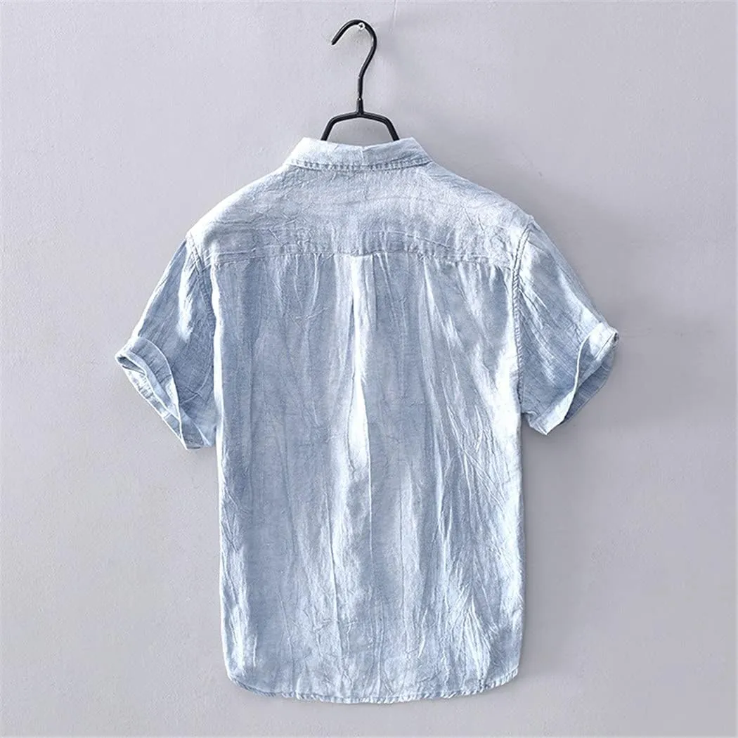 KEHAIOO Summer Men's Casual Linen Shirt, Short Sleeve Breathable Shirts for Men, Mens Solid White Shirt