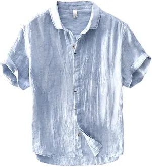 KEHAIOO Summer Men's Casual Linen Shirt, Short Sleeve Breathable Shirts for Men, Mens Solid White Shirt