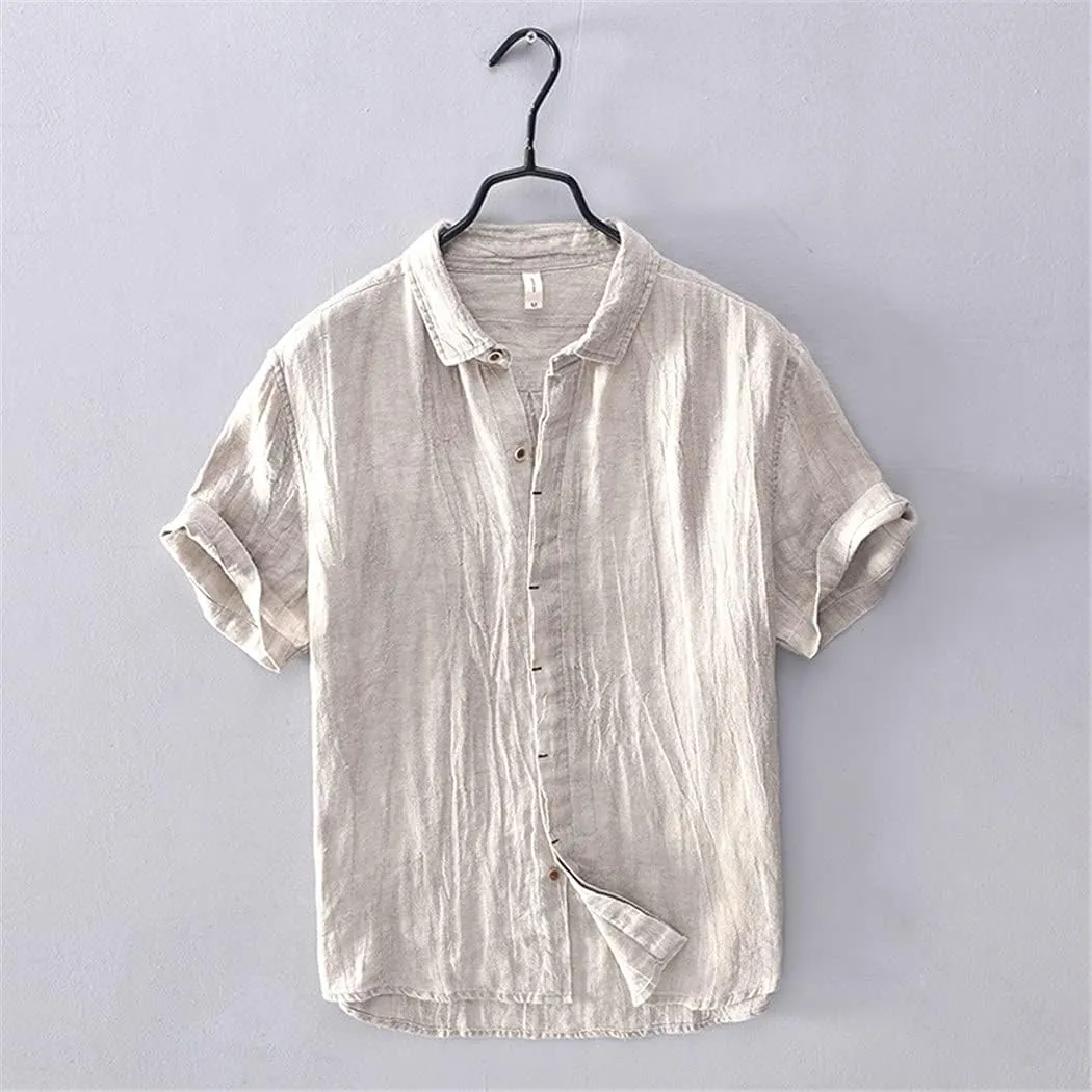 KEHAIOO Summer Men's Casual Linen Shirt, Short Sleeve Breathable Shirts for Men, Mens Solid White Shirt