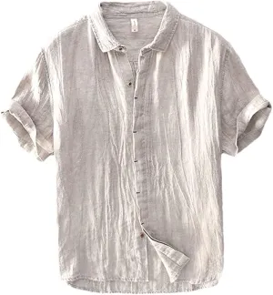 KEHAIOO Summer Men's Casual Linen Shirt, Short Sleeve Breathable Shirts for Men, Mens Solid White Shirt