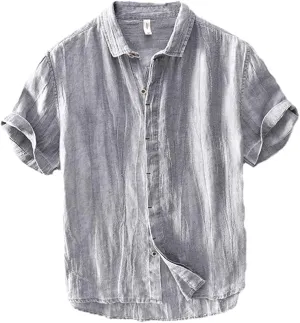 KEHAIOO Summer Men's Casual Linen Shirt, Short Sleeve Breathable Shirts for Men, Mens Solid White Shirt