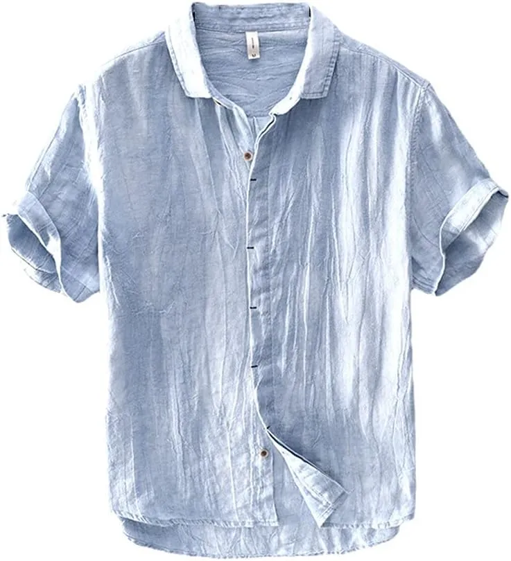 KEHAIOO Summer Men's Casual Linen Shirt, Short Sleeve Breathable Shirts for Men, Mens Solid White Shirt