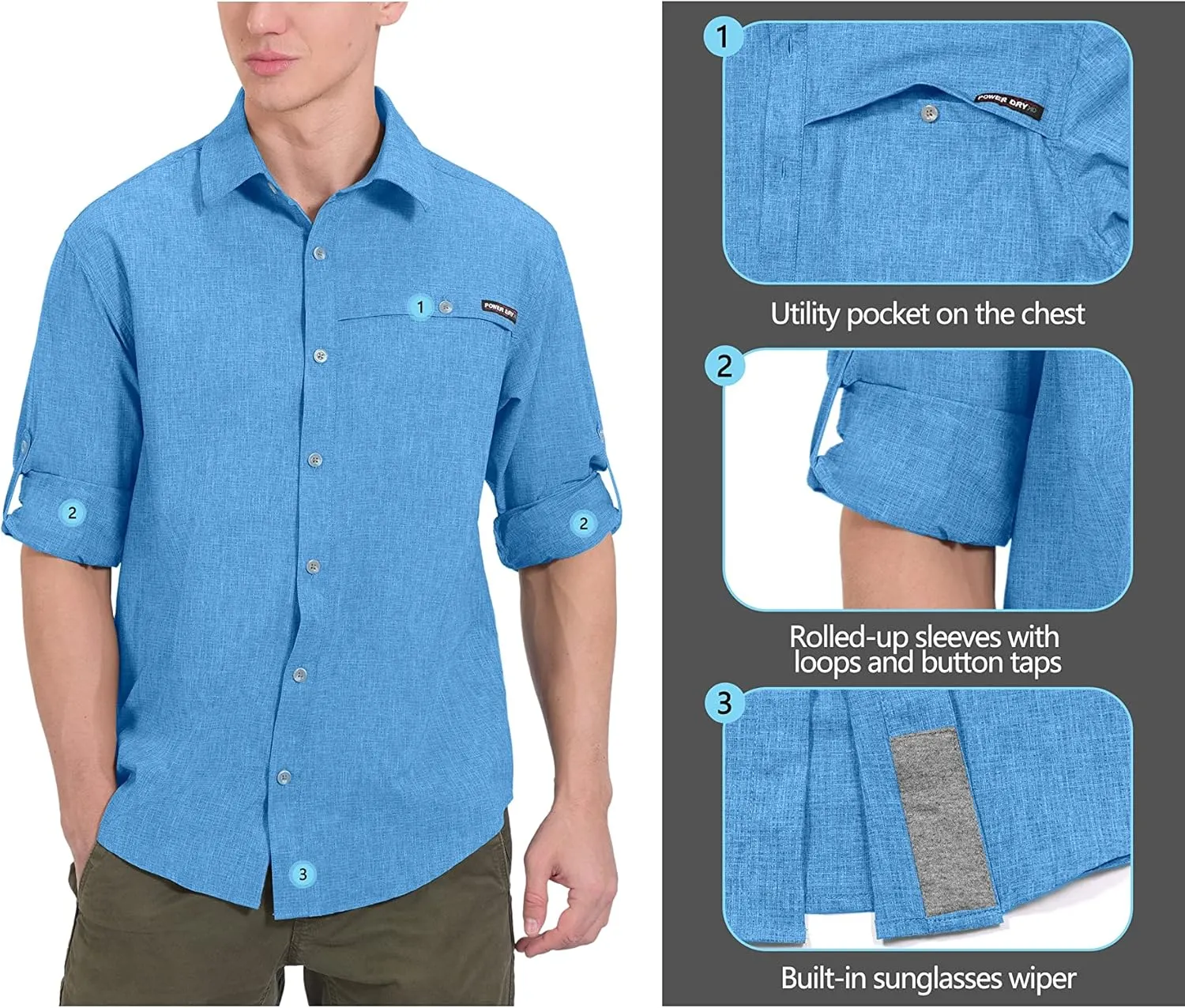 Little Donkey Andy Men's UPF 50  UV Protection Shirt, Breathable Long Sleeve Fishing Hiking Shirt, Air-Holes Tech