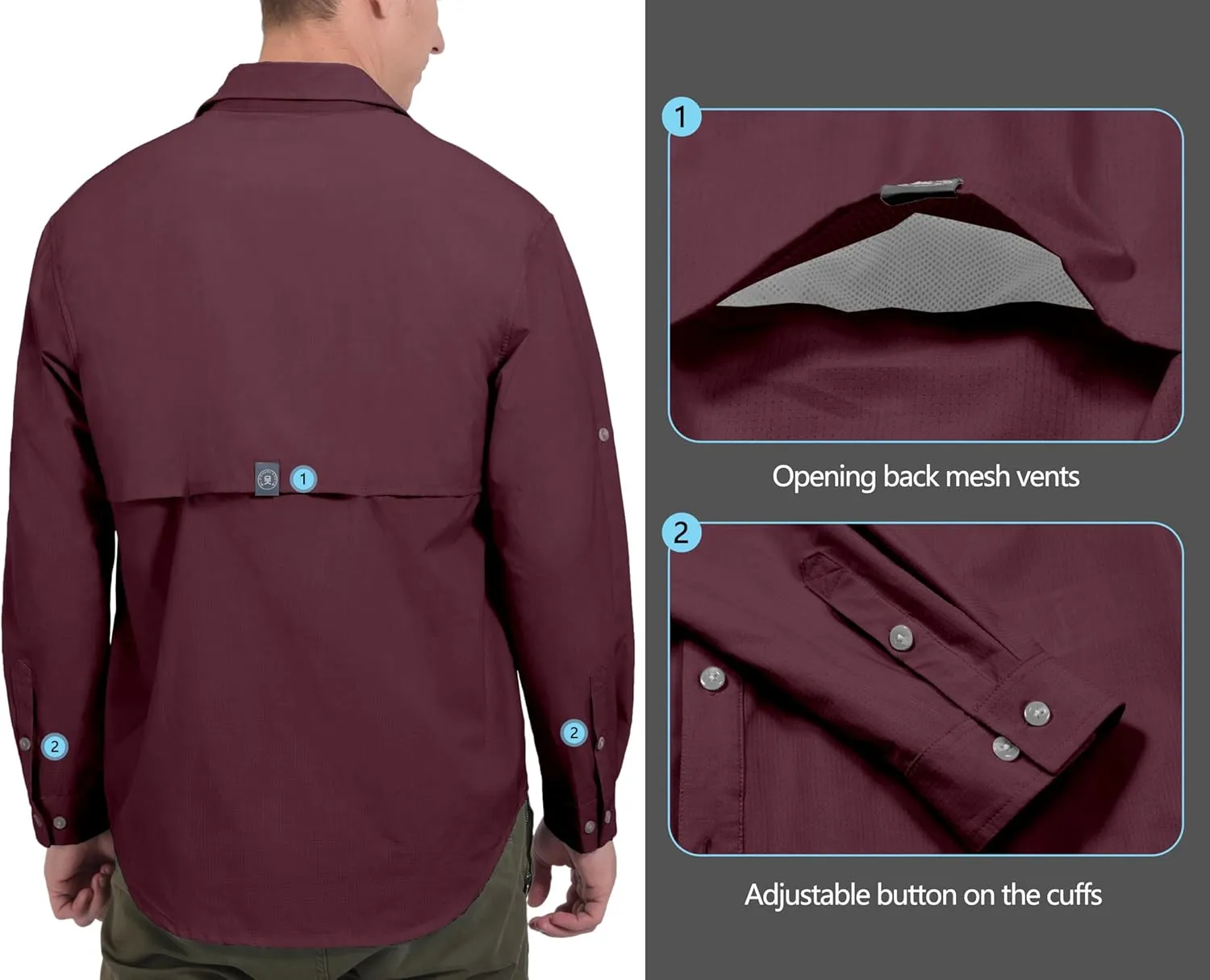 Little Donkey Andy Men's UPF 50  UV Protection Shirt, Breathable Long Sleeve Fishing Hiking Shirt, Air-Holes Tech