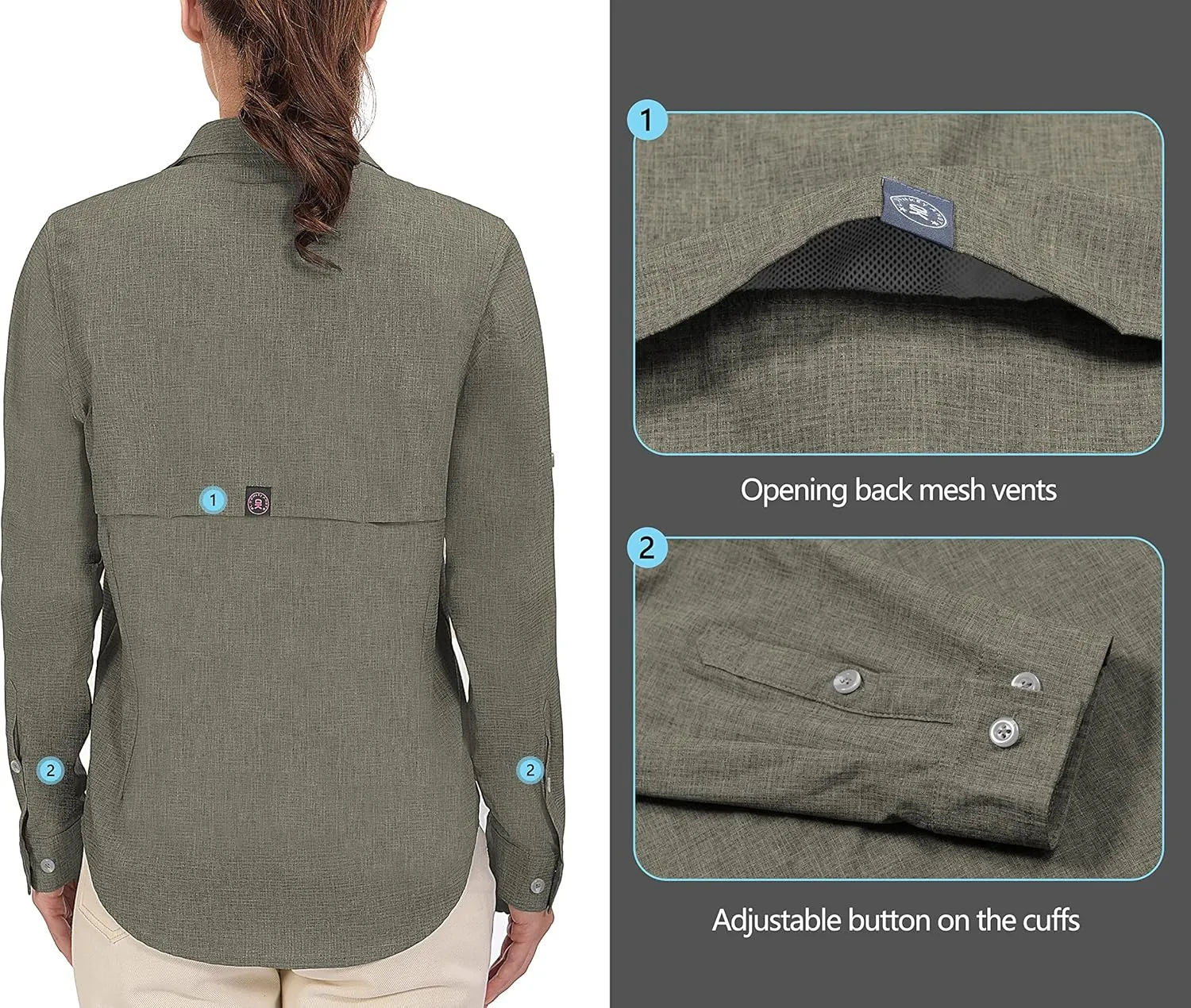 Little Donkey Andy Women's UV Protection Shirt UPF 50  Breathable Long Sleeve Fishing Shirt, Air-Holes Tech