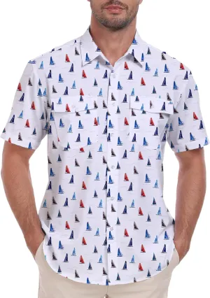 Lzzidou Fishing Shirts for Men UPF 50  Short Sleeve Button Down Print Hawaiian Camp Shirt with Breathable Back Vent